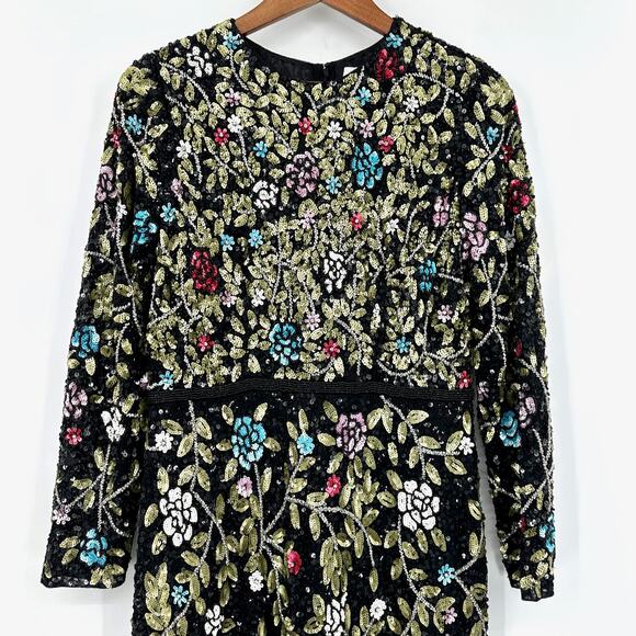 Mac Duggal Black Floral Embellished Long Sleeve Sequined Gown #5556 Sz 10 NWT - Picture 6 of 13